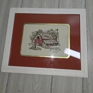Vtg 1993 Framed Needlepoint Barn Farm Scene Ducks Windmill Well Wall Art 8x10
